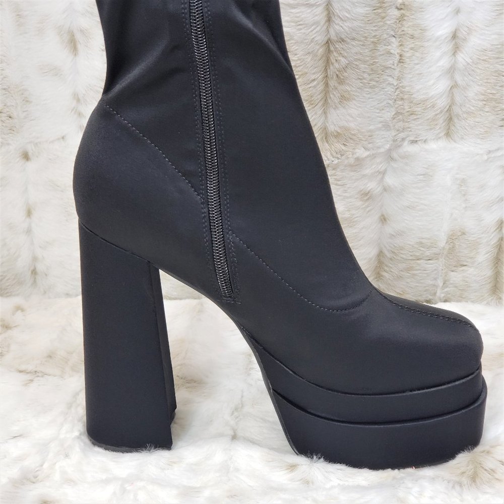 ☆ Stacked Black Stretch Leatherette Thigh High Chunky Heel Double Platform Boots - Picture 3 of 10